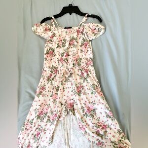 Girls romper with skirt, floral, pink one-piece, repurposed looking for re-love